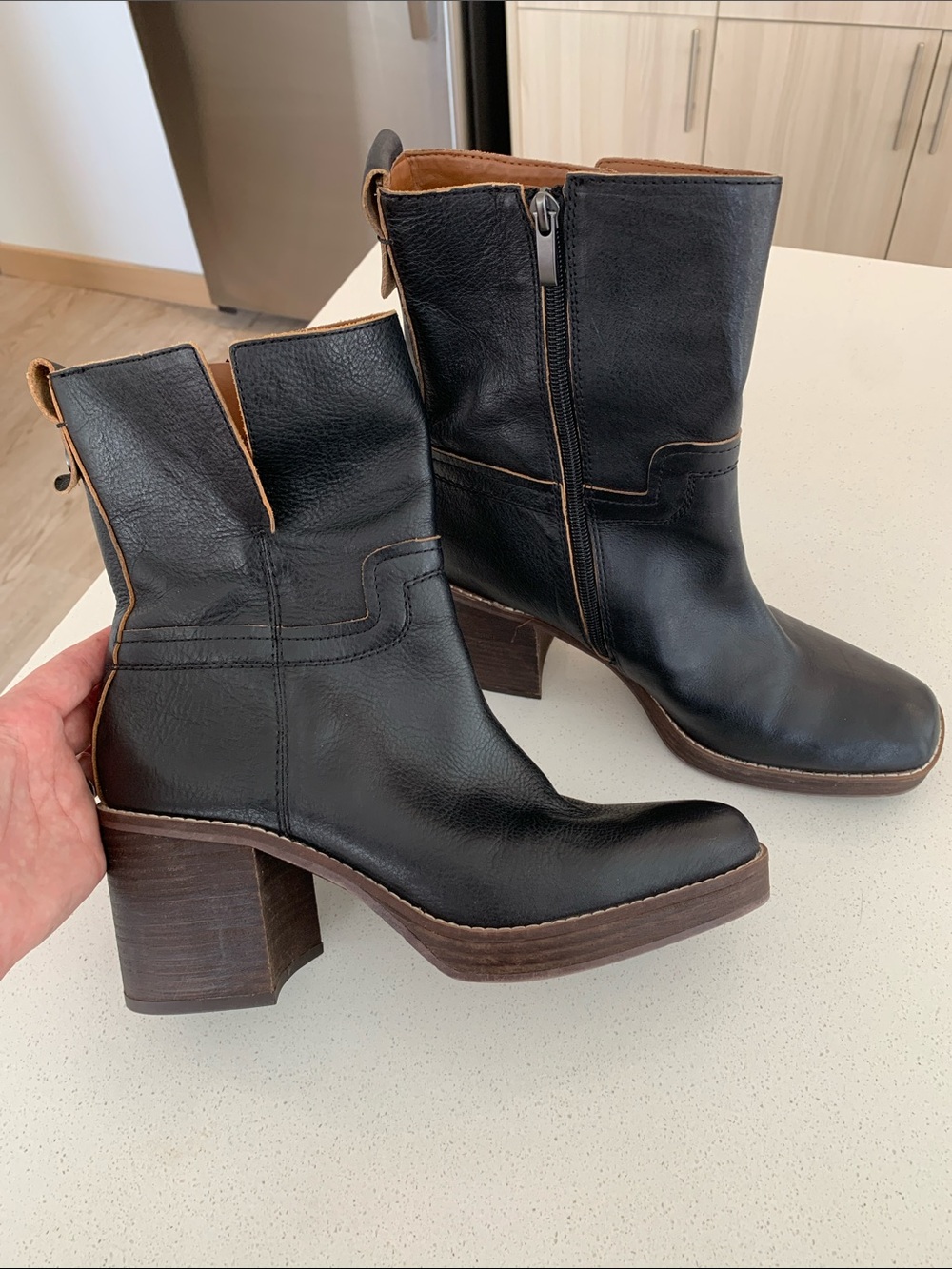 Franco Sarto Black Leather Mid-Calf Block Heel Boots